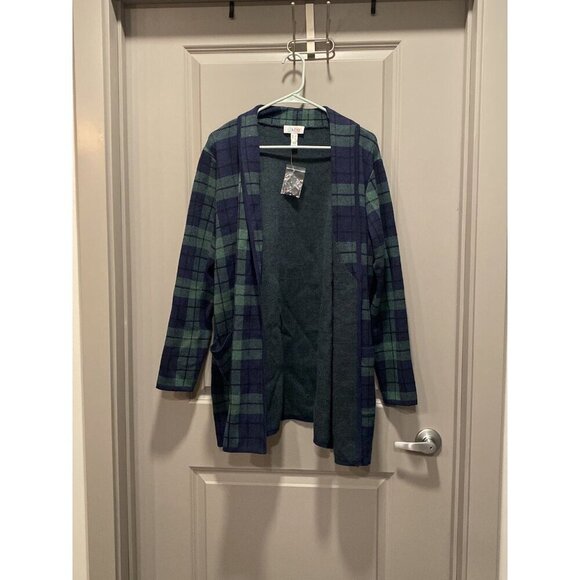 Denim & Co. Plaid Sweater Coat Green Blue Large NWT QVC - Picture 2 of 5